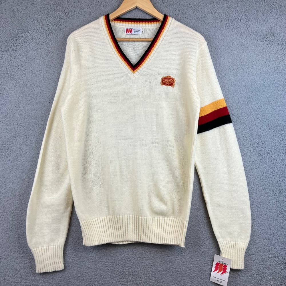 New Vintage 3 Strikes Golden Nugget Las Vegas V-Neck Sweater Mens M Cream White